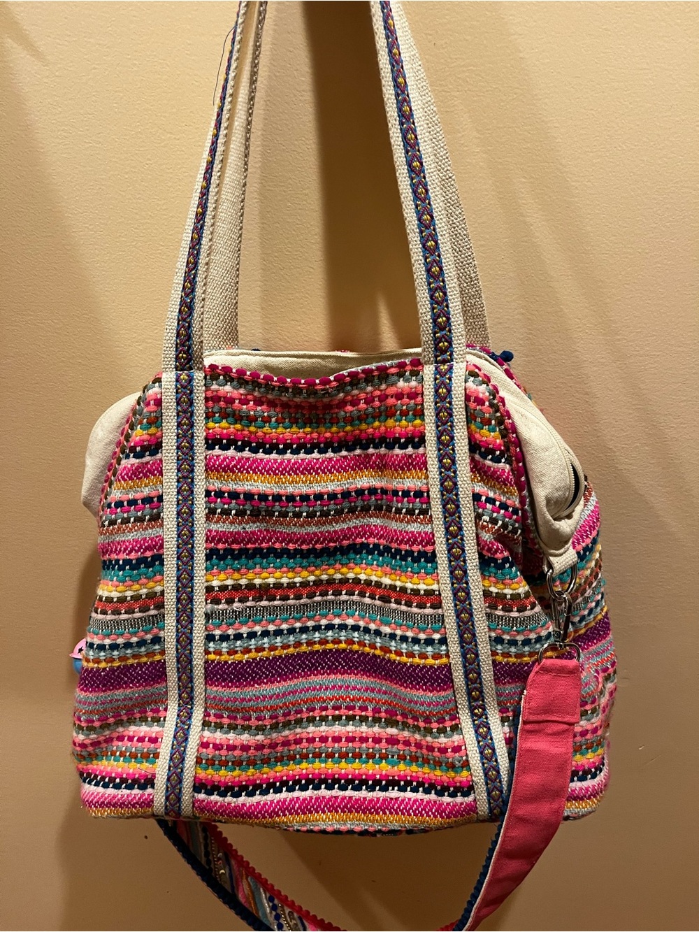 Colorful Striped Woven Tote Bag with Pink Accent